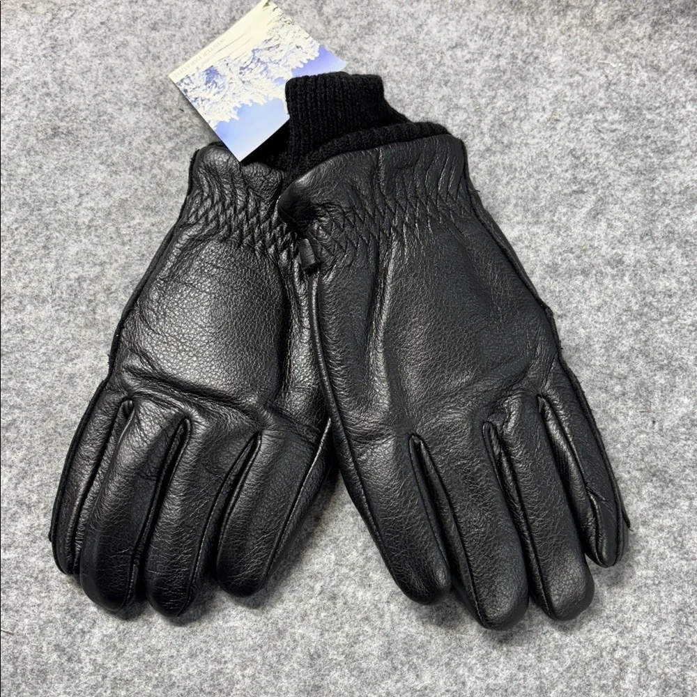 Black Leather cow hide poly lined warm pull on mitten gloves NWT size Medium